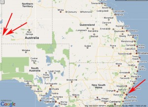 نقشه ای که موقعیت سیدنی را در شرق کشور در مقایسه با محل یورش شترهای گرسنه (با دو پیکان قرمز) نشان می دهد.